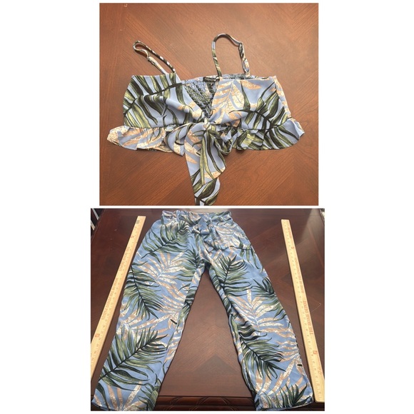 Fashion Nova SET Ruffled Tie Front Camisole and pants in floral Blue and Tan - Picture 1 of 11